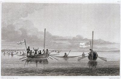 Eskimaux kommen auf die Boote in der Shoalwater Bay zu, 7. Juli 1826, aus 